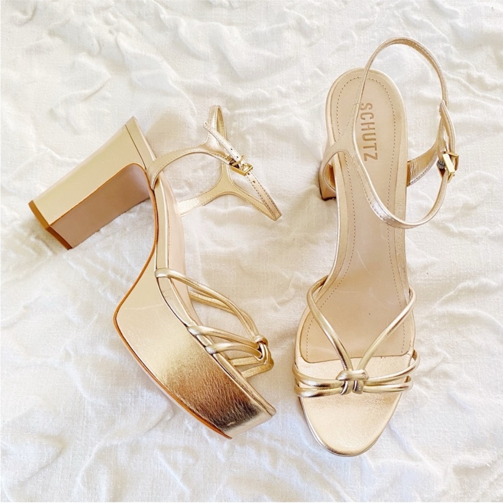 Schutz Gold Metallic Block Heel Sandals